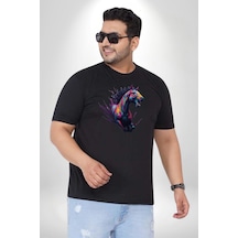 Angemiel Renkli At Koşu Siyah Büyük Beden Erkek Kadın Unisex Basic Ön Baskılı Tişört Siyah