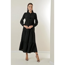 Yaka Bağcıklı Uzun Tesettür Elbise-34348-siyah