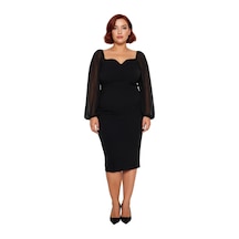 Ersefa Kadın Büyük Beden Bodycon Midi Uzun Kollu V Yaka Dokuma Elbise Şı Siyah