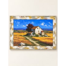 Ahşap Eskitme Çerçeve Görünümlü Köy Evi Ve Buğday Tarlası Manzaralı Dekoratif Ahşap Tablo 52x37 Cm