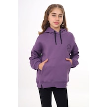 Toontoy Kız Çocuk Oversize Kapüşonlu Cepli Düşük Omuz Baskılı Yırtmaçlı Sweatshirt - 3 İplik Şardonlu Mor