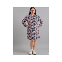 Polologin Butik Büyük Beden Lacivert Floral Desenli Gömlek Elbise - Pembe Çiçek Detaylı Lacivert