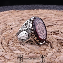 İpek Silver 925 Ayar Gümüş Sıkma Kehribar Taşlı Oğuz Kağan Mührü Desenli Erkek Yüzük