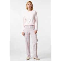 Benerly Kadın Bisiklet Yaka Standart Kol Regular Kalıp Ekose Desen Pijama Pembe