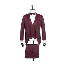 İmza Bordo Desenli Armürlü Mono Yaka Astarlı Yelekli 6 Drop Slim Fit Dar Kesim Smokin Damatlık 1001195219-Bordo
