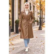 Hb Harma Time Butik Kadın Düğmeli Kuşaklı Cepli Deri Taba Trençkot Taba Taba