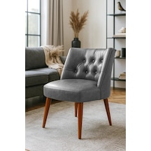 Waterybrook Berjer Sandalye - Kapitoneli Suni Deri - Ceviz Ahşap Ayaklı - Retro Modern Tasarım Gri