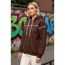 Benerly Kadın Kapüşonlu Fermuarlı Düşük Kol Sweatshirt Fonksiyonel Dayanı Kahverengi