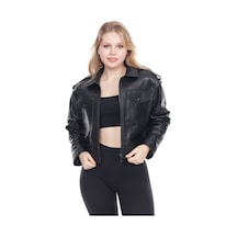 M M Marki Marki Kadın Hakiki Deri Ceket, Gömlek Yaka, Fit Kesim, Crop Model, 1. Sınıf Kalite - 109822 Siyah