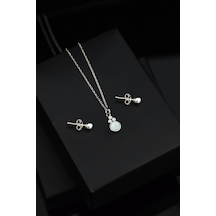 Papatya Silver 925 Ayar Gümüş Rodyum Kaplama Beyaz Opal Yuvarlak Kolye ve Çivili Top Küpe Set