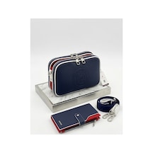 Just Polo Orijinal Kadın Lakost Ayarlanabilir Askılı Çapraz Omuz Çantası Ve Cüzdanı Kombin Shoulder Bag Lacivert - Kırmızı