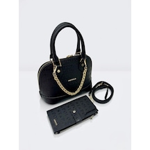 Just Polo Kadın Zincir Detaylı Lüks El & Omuz Çantası Ve Cüzdanı Kombin Shopper Ebat : 25x22 Cm Siyah