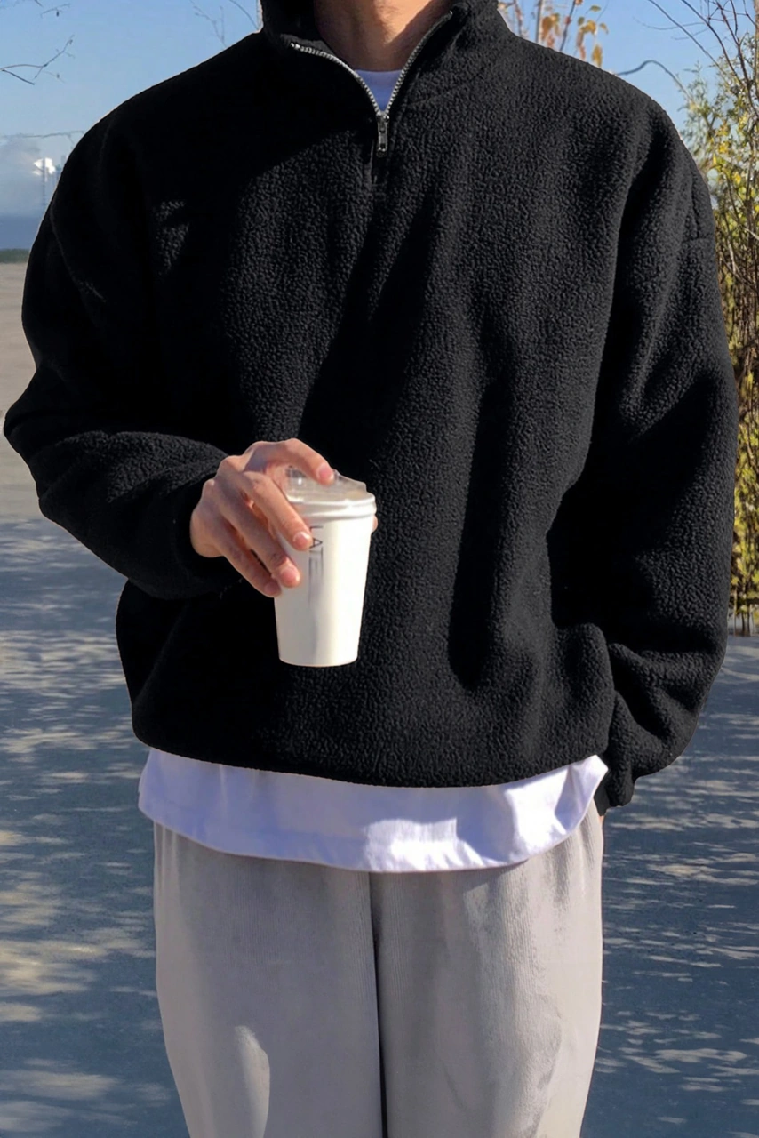Ghassy Co. Erkek Ultra Isı Peluş Sherpa Oversize Yarım Metal Fermuar Lastik Ayarlı Polar Sweatshirt Siyah