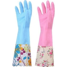 2 Çift Bulaşık Eldiveni Sıcak Kauçuk Eldiven Artı Polar Su Geçirmez Eldiven Uzun Kaymaz Temizlik Eldiveni Lgl