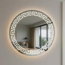 Dokunmatik Dimmer Özellikli Geometrik Desenli Led Işıklı Yuvarlak Ayna 100 Cm 90 Cm Çap Açık Gri