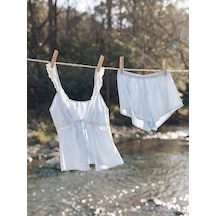 Lcw Dream Mavi Dantel Detaylı Saten Kadın Şortlu Pijama Takımı