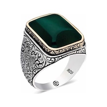 ​Gümüş Koyu Yeşil Akik Taşlı Köşeli Erkek Yüzük - 556659521