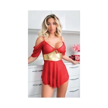 Ang Butik Kadın Sarı Kuşak Detaylı Kırmızı Gecelik