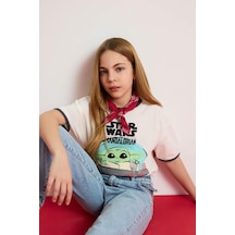 DeFacto Kız Çocuk Star Wars-Mandalorian Relax Fit Bisiklet Yaka Ribana Kısa Kollu Tişört E0478A825SPER99 Ekru