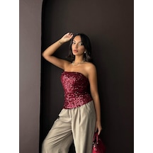 Ckm Moda Rubina Payetli Straplez Bluz Bordo