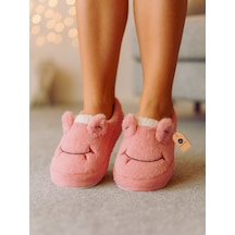 Kadın Pembe Peluş Panduf Ev Terliği Kışlık Sıcak Tutucu, Kaymaz Taban, Sevimli Tasarım Pembe