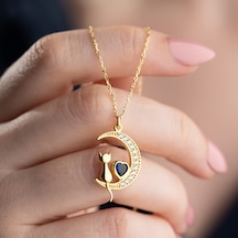 Vaoov 925 Ayar Gümüş Kalp Taşlı Ay Ve Kedi Kolye Gold
