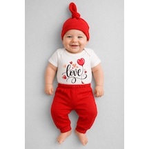 Babyden's Love Baskılı 3 Lü Bebek Takımı Kısa Kol Çıtçıtlı Body,pantolon Ve Şapka Set Kırmızı - Beyaz