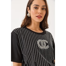 Shade Kadın Bisiklet Yaka Kısa Kollu Boncuk Taş Baskılı Salaş T-shirt 60283037 - Siyah