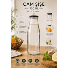 1 Adet 720 Ml Siyah Metal Kapaklı Cam Şişe Şeffaf Sürahi Süt, Ayran, Su, Limonata Meşrubat Şişesi
