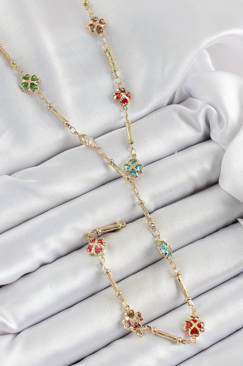 Tua Moda Pirinç Asorti Kalpli Yonca Model Gold Renk Zirkon Taşlı Y Kolye Çok Renkli