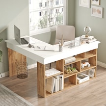Yurudesign Tywin Kitaplık Raflı Çalışma Masası Çam-Beyaz