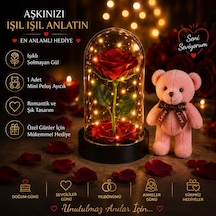 Led Işıklı Mika Fanus Solmayan Yapay Kırmızı Gül & 1 Mini Peluş Ayıcık Sevgiliye Romantik Hediye Set Hediyelik Eşya