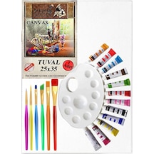 Yağlı Boya Hobi Boyama Seti 1 Paket 25x35 Cm Tuval 12 Li Yağlı Boya Tüp Resim Paleti Fırça Seti 6 Lı