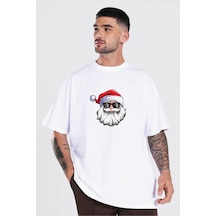 Yılbaşı Gözlüklü Noel Baba Baskılı Kısa Kollu Oversize Bisiklet Yaka T-shirt - Beyaz
