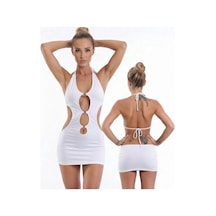 Fantezi Seksi Metal Tasarımlı Sırt Dekolteli Mini Elbise Hf1961329 Beyaz