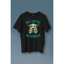 Baby Yoda No Starbucks Coffee No Workee Star Wars Mandalorian Kahve Baskılı Tişört Unisex T-shirt 001