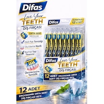 Difaş Love Your Teeth Diş Fırçası 12 Adet Standlı Orta Sert Medium Ergonomik Saplı Manuel Diş Fırçası Seti