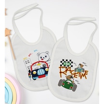 BK Kids Sevimli Sürücü Tasarımlı 2’li Beyaz Mama Önlüğü-1 Beyaz