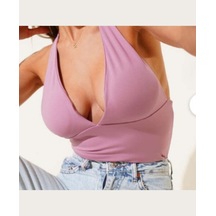 Intive V Yaka Çıkarılabilir Padli Boyundan Bağlamalı Croptop/büst Gül Kurusu