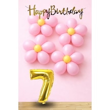 7 Yaş Pembe Sarı Papatya Temalı Gold Rakam Gold Happy Birthday Banner Doğum Günü Süsleme Altın - Pembe