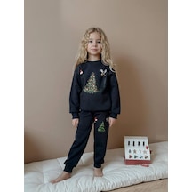 Kız Çocuk Yılbaşı Temalı 3 İplik Eşofman Takımı Lacivert