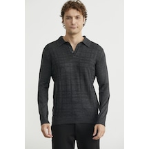 Polo Yaka Ekose Motifli Triko Kazak - Antrasit Antrasit