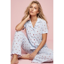 Siyah İnci İnce Soft Örme Mevsimlik Düğmeli Pijama Takımı 8043 mavi