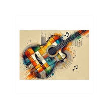 Renkli Gitar Çizimi Hediyelik Ahşap Tablo