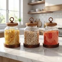 3&apos Lü Ring Serisi Akasya Kapaklı Ve Tabanlı Borosilikat Cam Kavanoz Seti - 1100 Ml Vakumlu Bakliyat Ve Kurabiye Saklama Kabı 20x11.5 Cm