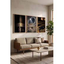 Doğal Ahşap Çerçeveli Dini Kabe Temalı Duvar Tablosu 3 Lü Set Siyah Gold İslami Desenli Modern Dekorasyon Kabartma Görünümlüdür Bej