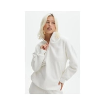 Veraura Lifestyle Unisex Uzun Kol Yarım Farmuarlı Yakalı Basic Sweatshirt - Beyaz