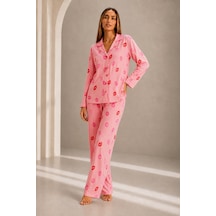 Fit Women Kadın Önden Düğmeli Uzun Kollu Pembe Pijama Takımı