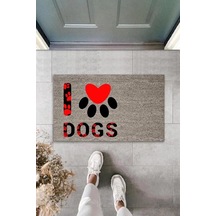 Dijital Baskı Gri Kırmızı Kalpli Patili I Love Dogs Dekoratif Kapı Paspası K-2076 Renkli