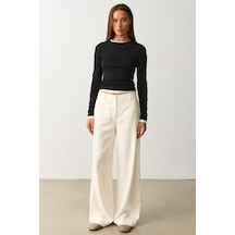 Madmext Ekru Yüksek Bel Keten Wide Leg Pantolon Mg2718